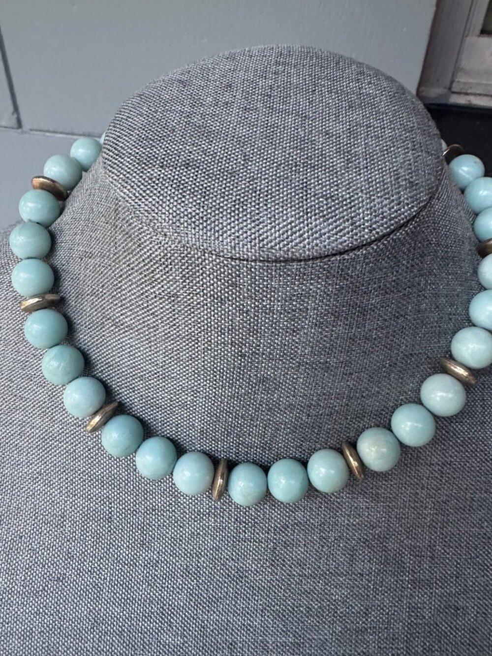 Vintage Tested Jade Bead Necklace 17” Aqua Celadon Brass Tone Spacer